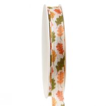 Geschenkband Herbst Stoffband mit Eichenblättern Creme 15mm 18m