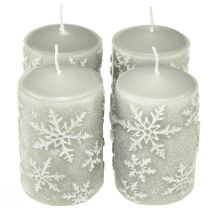 Artikel Stumpenkerzen Grau Kerzen Schneeflocken 100/65mm 4St