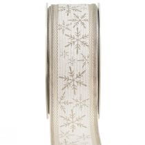 Artikel Weihnachtsband mit Schneeflocken – Winterliches Band mit Leinen-Anteil Weiß Beige 40mm 12m