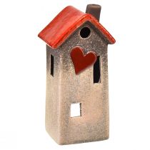 Artikel Keramikhaus-Windlicht mit rotem Dach und Herzfenster – 17.5 cm – Romantische Beleuchtungsdeko
