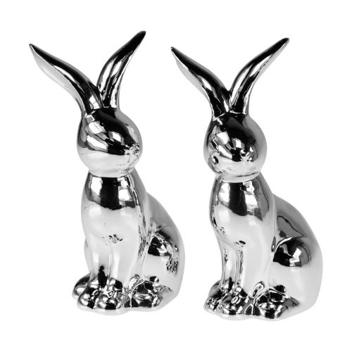 Floristik24 Deko Osterhase Keramik Deko Hase sitzend Silber 18cm 2St