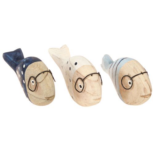 Deko Fisch mit Brille Natur Weiß Blau Holz 11–13cm 4 St