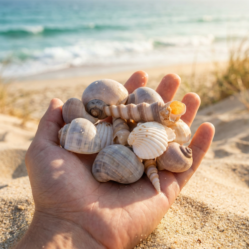 Artikel Muscheln und Schnecken aus Naturmaterial für maritime Dekoration, 500g, weiss-beige-grau