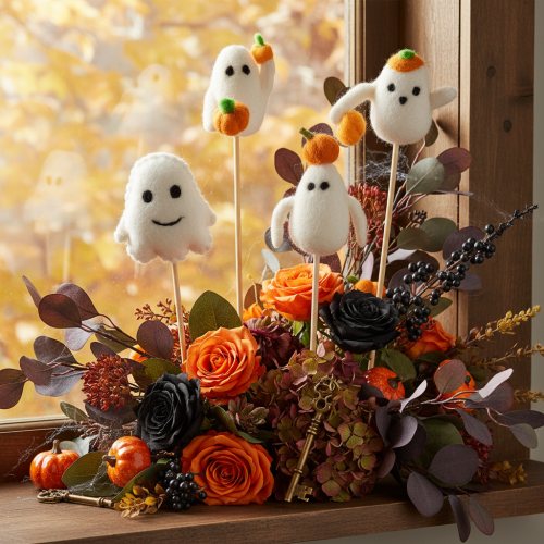 Artikel Halloween Geisterfiguren auf Holzstab 54 cm Weiss mit Kürbisakzenten 8er-Set