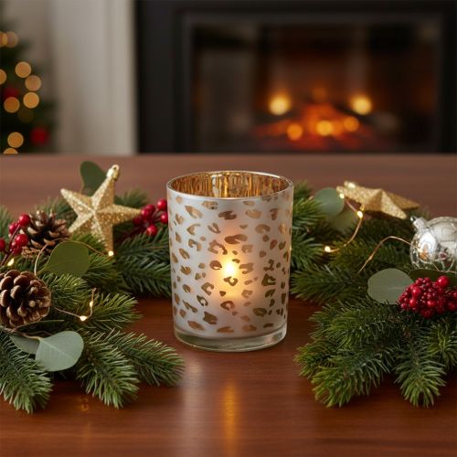 Artikel Windlicht aus Glas mit Leopardenmuster, 12 cm, gold-silbern