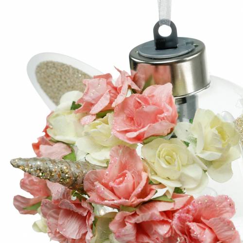 Floristik24 Christbaumkugel Einhorn mit LED-Lichterkette und Blüten Gelb, Rot, Transparent Glas, Papierrosen Ø8cm Für Batterien