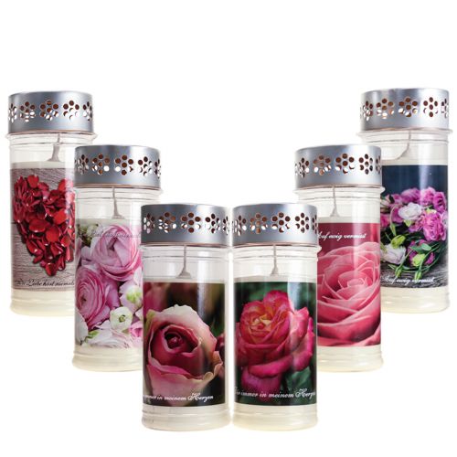Artikel Grabkerzen mit Motiv Rosen Trauerlichter Gemischt Ø7cm H18,5cm 6St