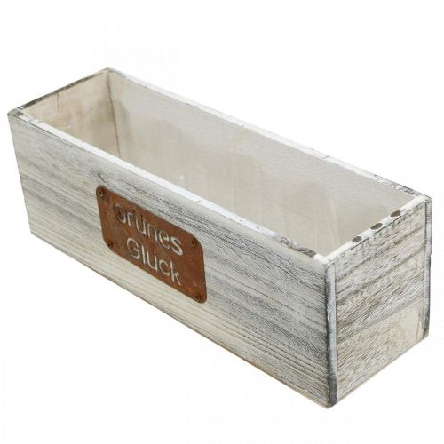 Artikel Pflanzgefäß “Grünes Glück”, Gartendeko, Holzdeko zum Bepflanzen Weiß gewaschen, Edelrost L35cm H12cm