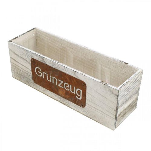 Artikel Pflanzkasten “Grünzeug”, Übertopf, Gartendeko aus Holz Weiß gewaschen, Edelrost L35cm H12cm