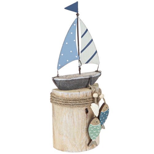 Maritime Deko Segelboot Holz mit Fischen Weiß Blau H24cm