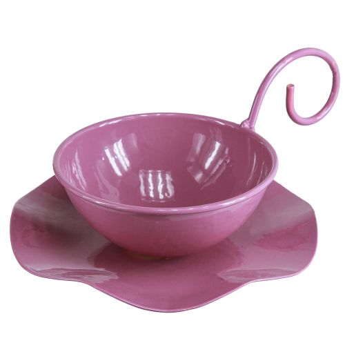 Floristik24 Metall Deko Tasse mit Unterteller Pink H8cm Ø11,5cm 2St