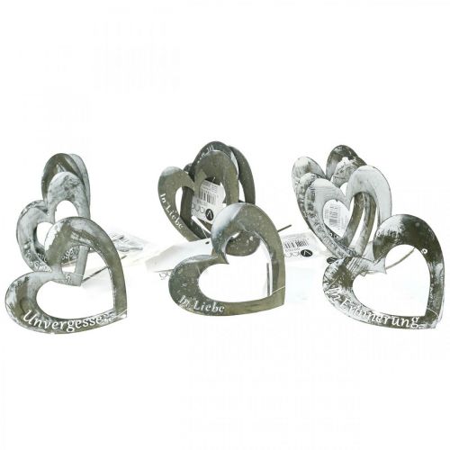 Floristik24 Metallstecker “Unvergessen” „In Liebe" “In Erinnerung”, Trauerdeko Herzen, Silbern 8×7cm 12St