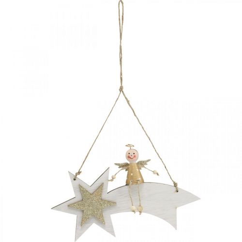 Artikel Engel auf Sternschnuppe, Weihnachtsdeko zum Hängen, Advent Weiß, Golden H13cm B21,5cm 2St