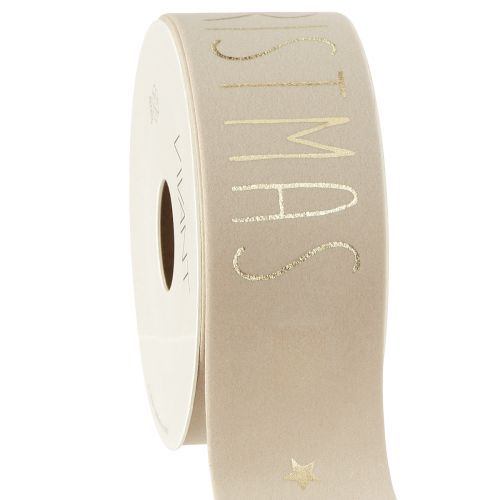 Floristik24 Weihnachtsband Beige Samt Merry Christmas Gold B40mm L5m