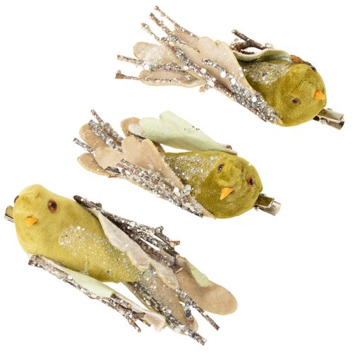 Artikel Weihnachtsdeko Vogel am Clip Grün, Glitter 12cm 6St sortiert