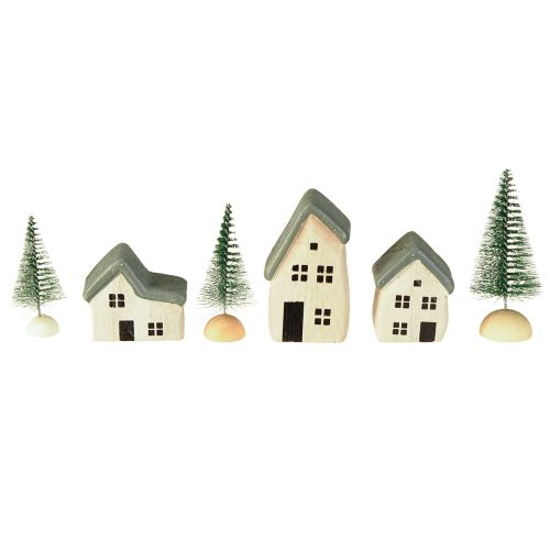 Artikel Weihnachtsdorf Holz Häuser Tannen Grünweiß 5-8cm 6er-Set