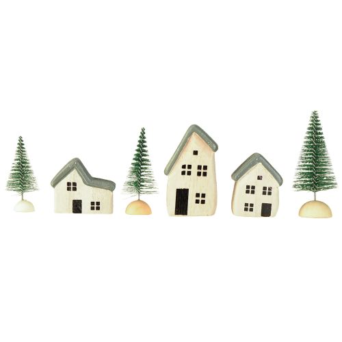 Artikel Weihnachtsdorf Holz Häuser Tannen Grünweiß 5-8cm 6er-Set