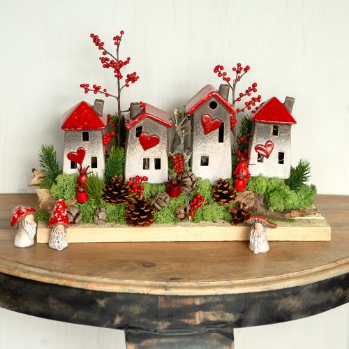 Romantische Keramik-Häuser mit Herzmotiv – Rot & Naturtöne, 11cm – Liebevoll gestaltete Winterdeko – 3St