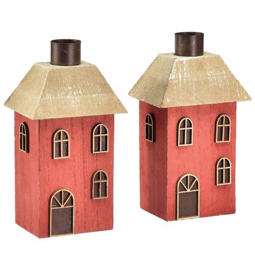 Kerzenhalter Haus Holz Rot Stabkerzenhalter H14,5cm 2St
