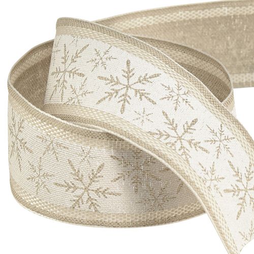 Artikel Weihnachtsband mit Schneeflocken – Winterliches Band mit Leinen-Anteil Weiß Beige 40mm 12m