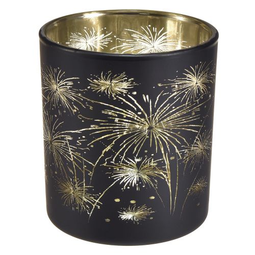 Elegantes Glas-Windlicht mit Feuerwerksdesign – Schwarz und Gold, 9 cm – Ideale Dekoration für festliche Anlässe – 6St