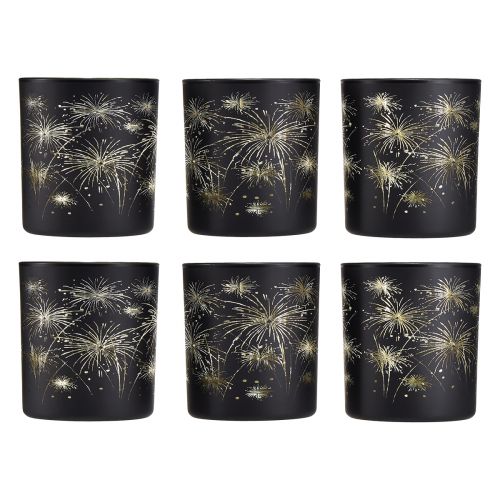 Artikel Elegantes Glas-Windlicht mit Feuerwerksdesign – Schwarz und Gold, 9 cm – Ideale Dekoration für festliche Anlässe – 6St