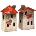 Floristik24 Liebevolle Keramik-Hauswindlichter im 2er-Set – Herzdesign, Rot & Natur, 17.5 cm – Romantische Deko für Zuhause